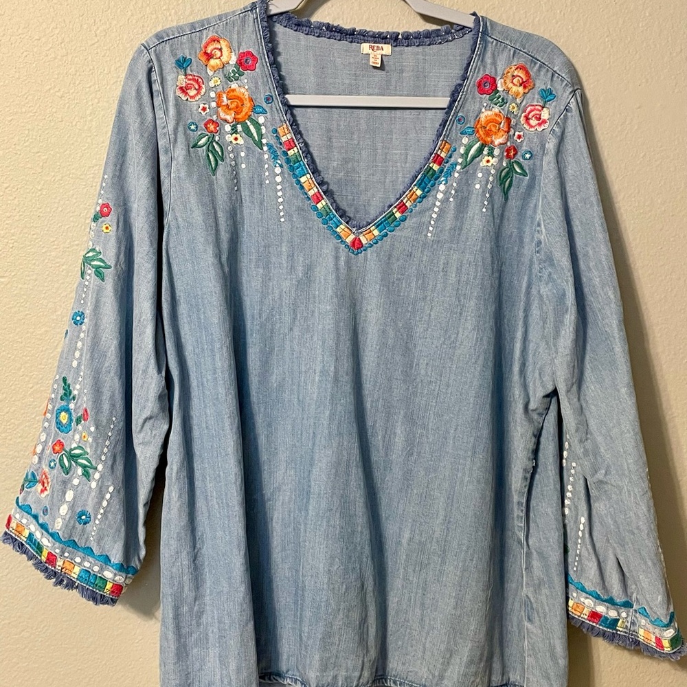 Reba Light Blue Chambray Embroidered Floral Blouse